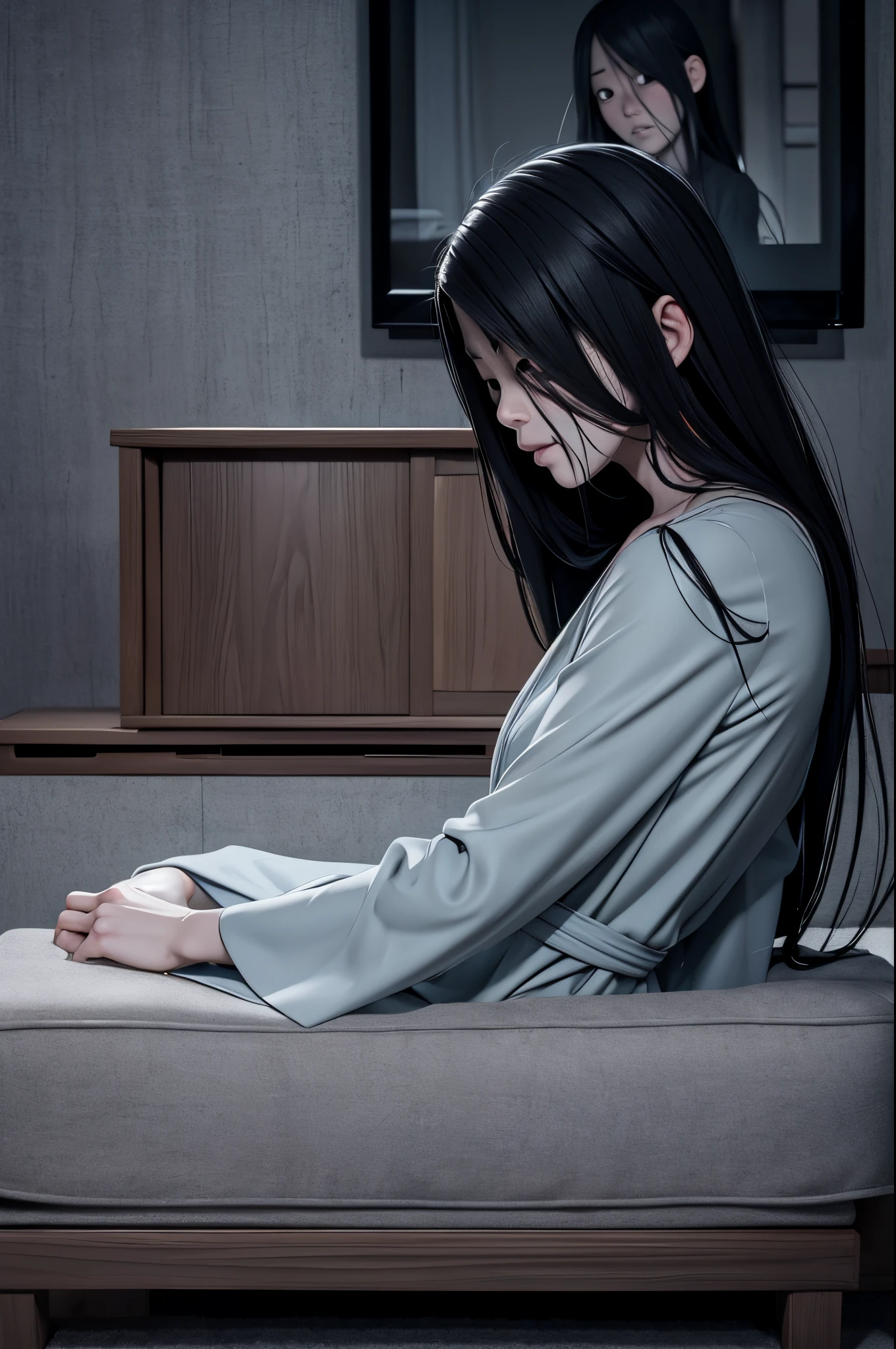 Sadako, imersão, Roupão molhado, pele de cor cinza, O cabelo cobre o rosto, sexy para.Sadako saiu da TV，Uma mulher deitada no chão em frente à TV, terror japonês, estilo de Hajime Isayama, terror japonês movie footage, Junji Ito 4K, surrealismo pop japonês