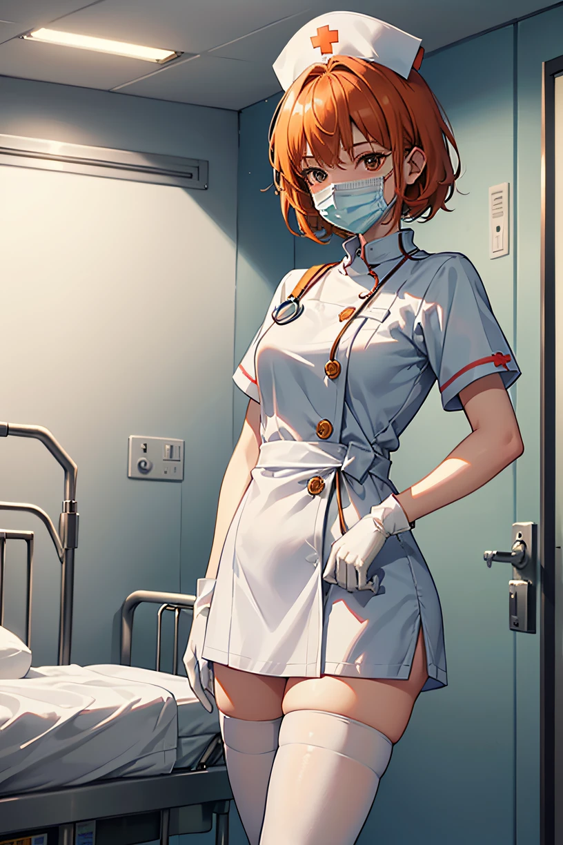 1girl, solo, nurse, nurse cap, white wear, ((white legwear, zettai ryouiki)), white gloves, very short hair, orange hair, ((white surgical mask, covered nose)), standing, ((hospital room)), sharp outline, short sleeves, tomboy, boyish, best quality, masterpiece