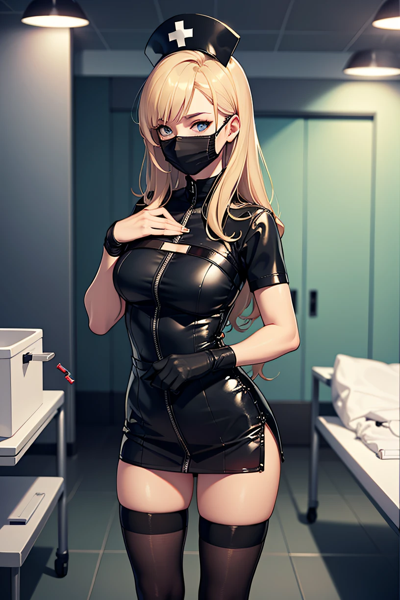 black nurse, 1woman, solo, black nurse cap, black wear, ((black legwear, zettai ryouiki)), black elbow gloves, blonde hair, blue eyes, ((black surgical mask, covered nose)), standing, ((surgery room)), sharp outline, short sleeves, mature female, 3, best quality, masterpiece