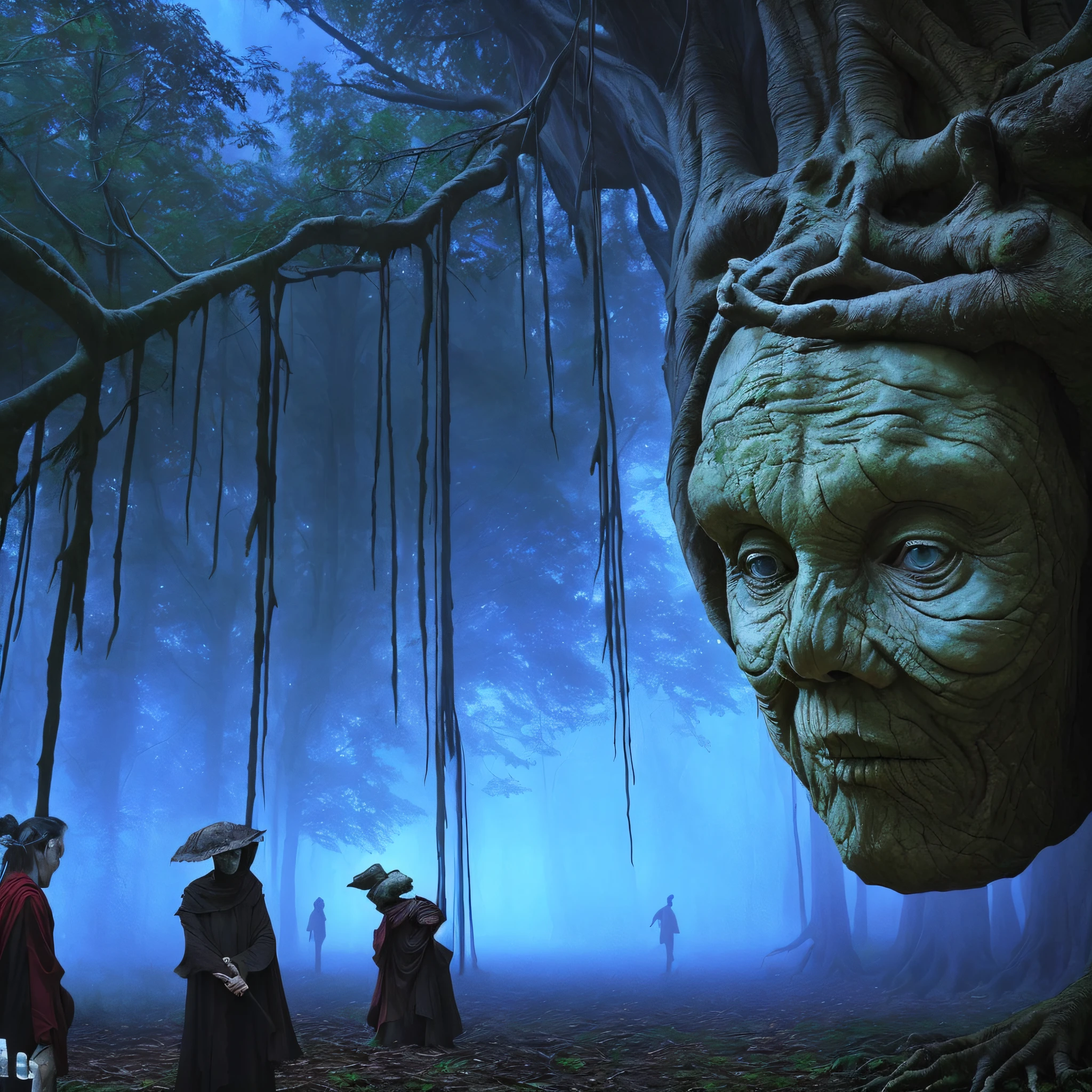 A person stands in the forest with a giant head hanging from a tree々, Old humanoid ENT, ENT, Strange Alien Forest, Strange Alien Tree, alien trees, Alien Forest, ancient alien jungle, But, Oracle of trees, mysterious and scary forest, matte painting of human mind, Forest with trees with faces, Ancient Forest, of an evil tree wizard, fantasy horror art