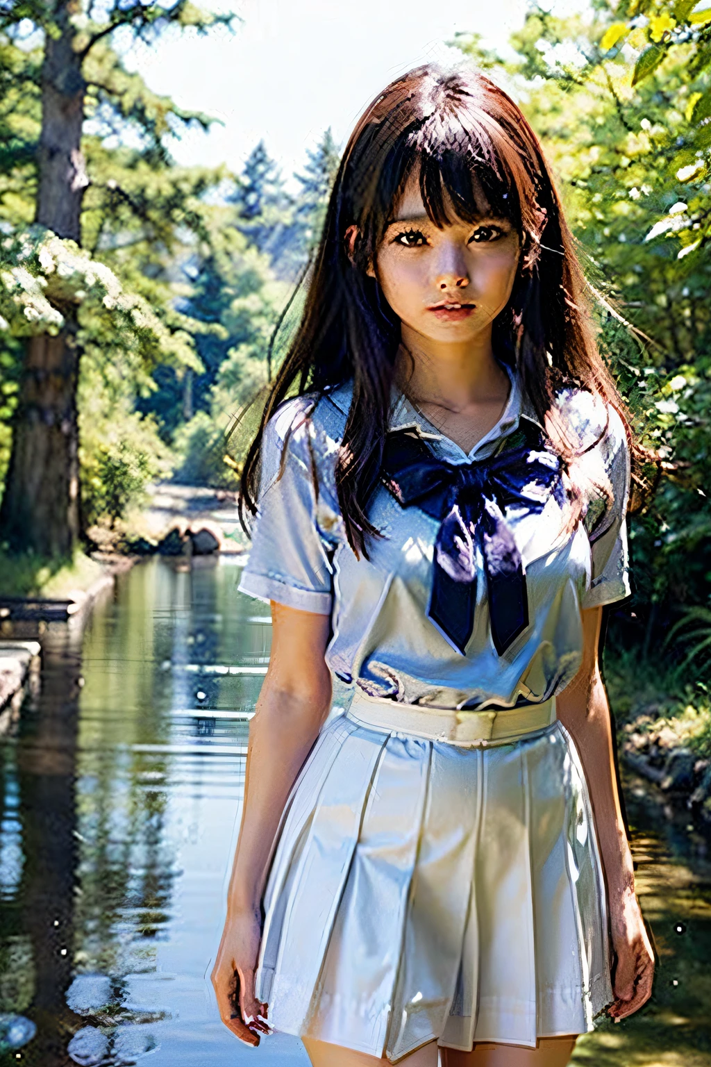 nffsw,​masterpiece、high-level image quality、The ultra -The high-definition、8k wallpaper、((Extremely beautiful face、kawaii faces))、Bright brown eyes、((Double beautiful eyes))、no-makeup、Well-formed face,full body Esbian、a sailor suit,Blue Ribbon、White skirt、One Beautiful Girl, hi-school girl、15yo student、Hairstyle with bangs、great outdoors、Blue swamp in the coniferous forest belt、Beautiful girl walking in the water and coming here、Embarrassment、confusion、Ephemeral、dark sky、side lights、Noise Reduction、Pale and soft light、diffuse glow、Hair that flutters in the wind、A skirt that flutters in the wind,pantiy、White panty、Soaring skirt、pantiy