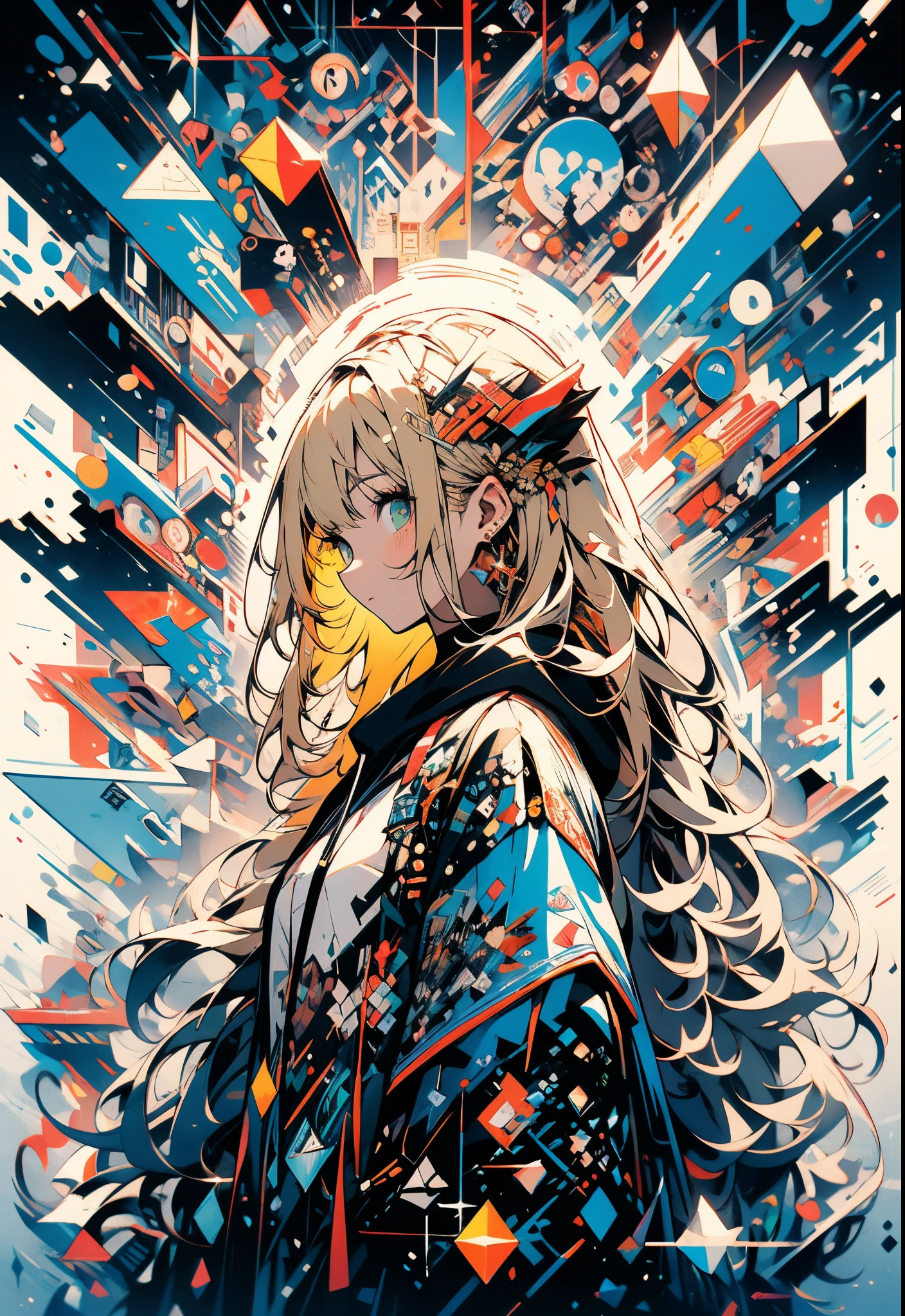 masterpiece, (beautiful and aesthetic:1.5), surrealism, highly detailed, anime, a side view painting of 1girl, wearing multicolored hoodie, blonde long hair, green eyes, red and dark blue color pallet, hard brush, gradient binary code effect, minimalist low poly collage illustration, paintings effect, heavy inking, featured on pixiv, saturated colors, hypercube, pixelsort, epic composition, epic proportion, dynamic lighting, HD