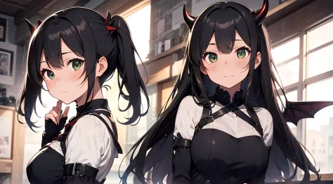 a demon queen, (demon horns, black hair, detailed hair, green eyes, beautiful eyes finely detailed), pixiv contest winner, serial art, top rated on pixiv, bat wings, big breast, side boobs, wearing black armored knight suit, her face is blushing, embarasse...