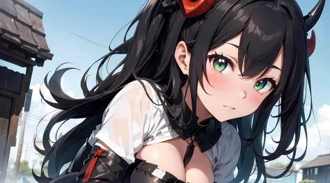 a demon queen, (demon horns, black hair, detailed hair, green eyes, beautiful eyes finely detailed), pixiv contest winner, serial art, top rated on pixiv, bat wings, big breast, side boobs, wearing black armored knight suit, her face is blushing, embarasse...