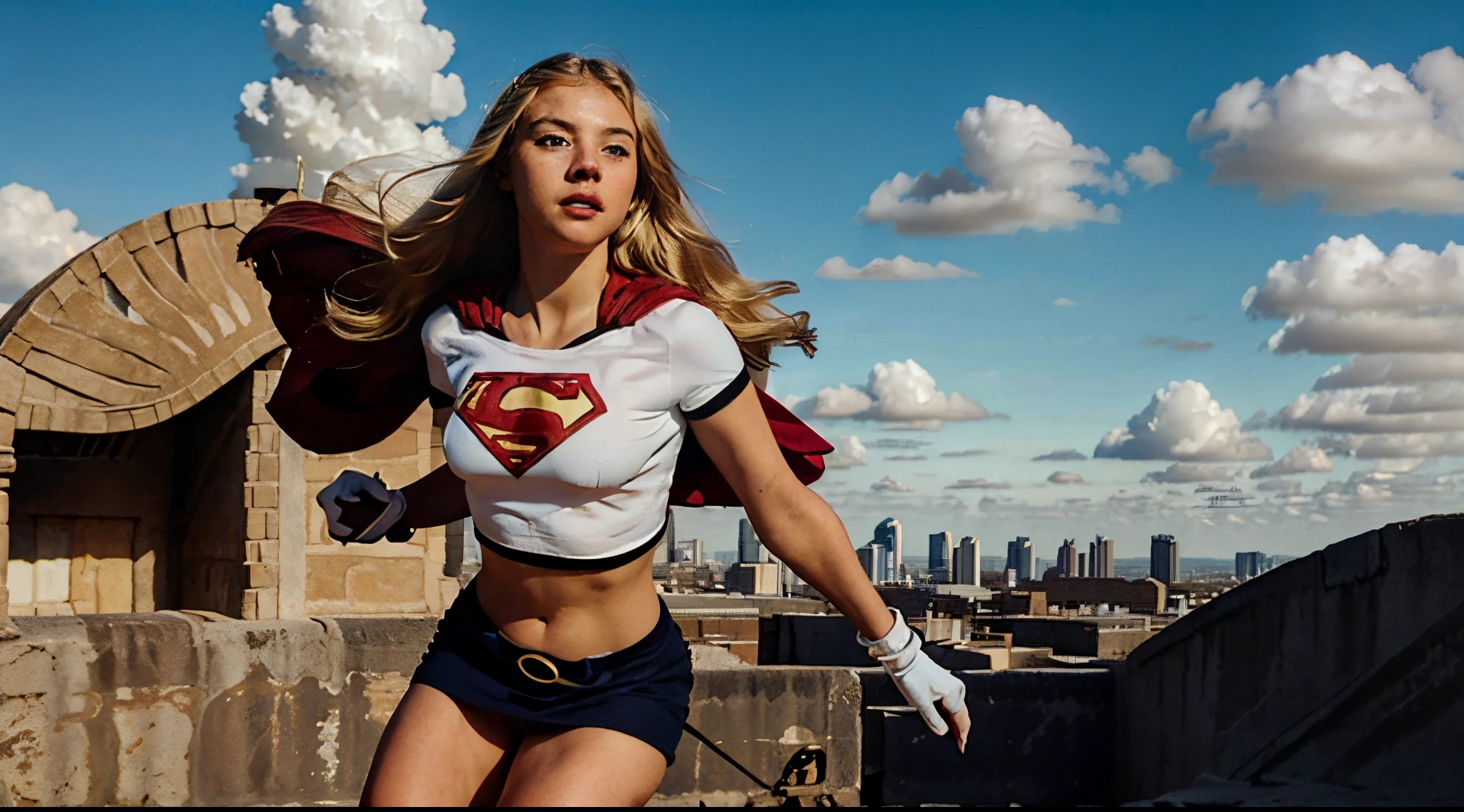 (cowboy shot), sfw, (masterpiece), (best quality:1.0), (ultra highres:1.0), detailed eyes,
BREAK
Supergirl, 1girl, long blonde hair, midair, flying
hairband, \(white\) crop top, short sleeves, cape, blue pencil skirt, gloves, boots
BREAK
(clouds, city, gorgeous view)