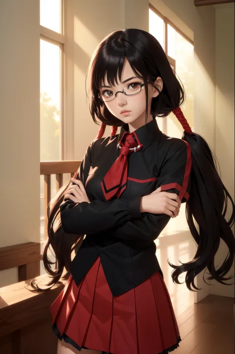 (masterpiece, best quality:1.2), cowboy shot, solo, 1girl, kisaragi saya, expressionless, closed mouth, looking at viewer, crossed arms, twintails, glasses, school uniform, skirt