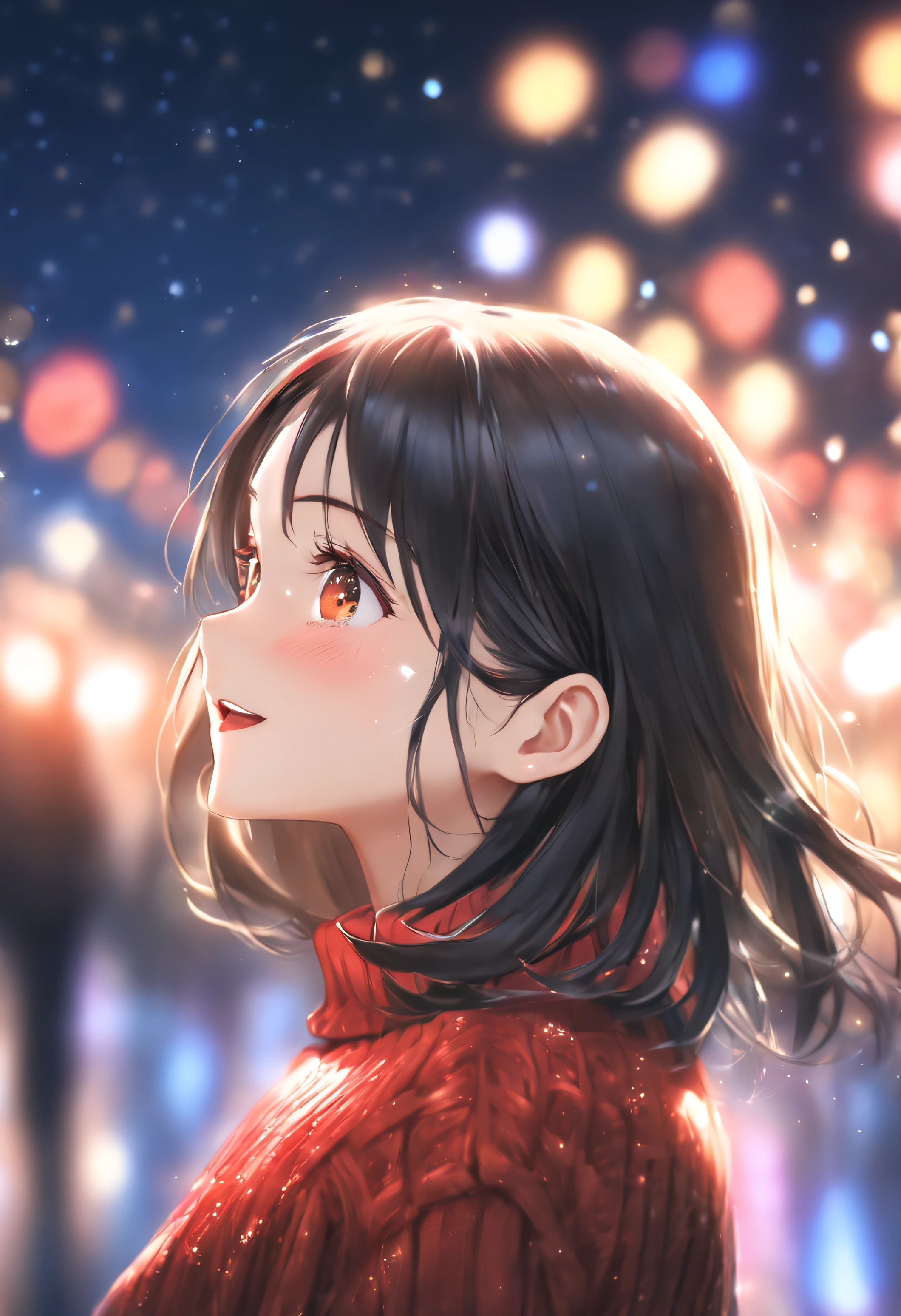 side face focus, eyes focus, cute, masterpiece, best quality, sharp focus, UHD, 1girl, Black hair, looking at the night sky, red sweater, beanie, turtleneck, sparkling eyes, happy expression, dreamy light, sparkle lights, side looking, upper body, night scene,