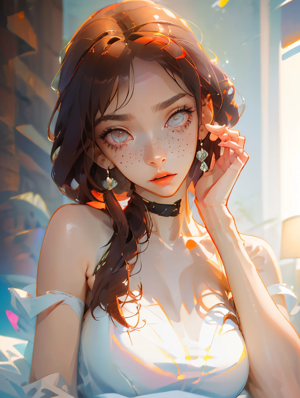 Anime girl with freckles and blue eyes sitting on a bed - SeaArt AI