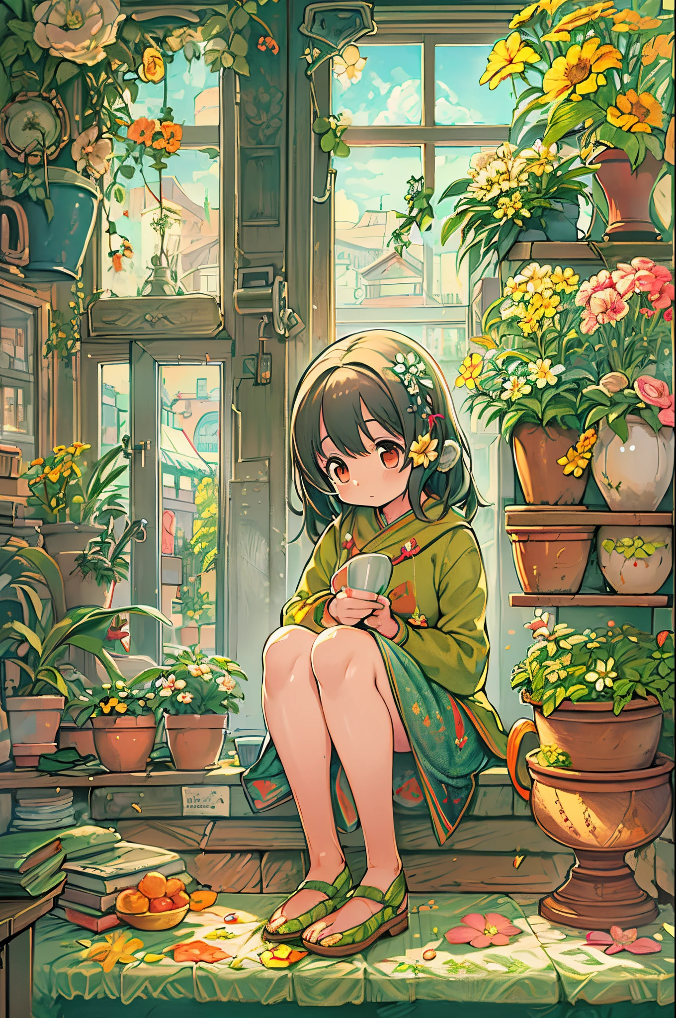 masutepiece,Best Quality,masutepiece,Best Quality,Official art,the Extremely Detailed CG Unity 8K Wallpapers,Slight retro color,riso print style,Illustration,Cute,1girl in,Flowers,Window,flower pots,Eat curry