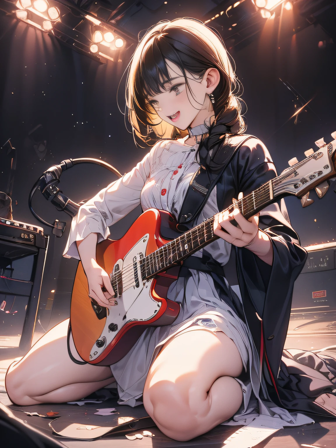 (looking away, shift off center, cinematic perspective), 1woman, singer, (((the letter X stands for the guitar in this prompt))), straddle X, put on her foot X, X and her crotch are touching, (orgasm face), small earrings, small breast, A large audience, on stage, Live venue,