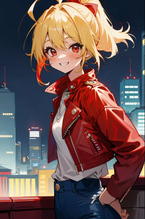 1girll、独奏、colourfull、upper body bromide、Blonde ponytail、Ahoge、big round red eyes、small tits、red leather rider jacket、Blue jeans ...