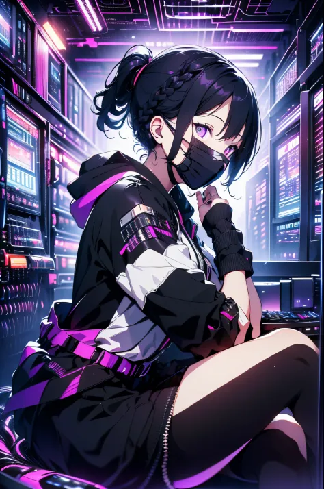 Very young girl, Black mask, White skin, code on computer, hacker style, Curve,sitting on、Seen from the side、Pale purple, Dark, ...