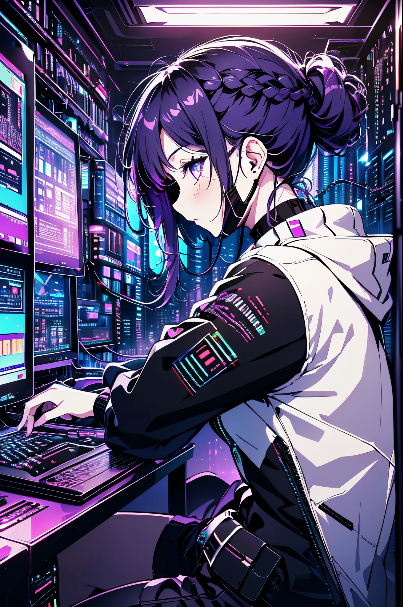 Very young girl, Black mask, White skin, code on computer, hacker style, Curve,sitting on、Seen from the side、Pale purple, Dark, hair braid around ears, Purple hair, (((black masks)))、cables, Retro, Cyberpunk, data center background, dark purple theme, nightcity、thigh maximum quality、Big