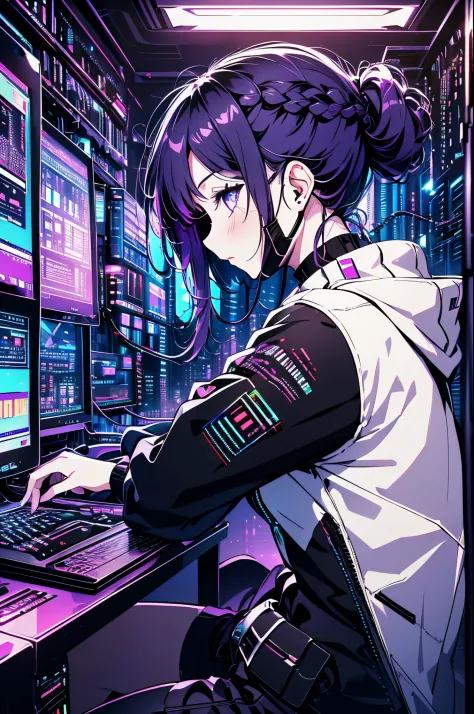 Very young girl, Black mask, White skin, code on computer, hacker style, Curve,sitting on、Seen from the side、Pale purple, Dark, ...