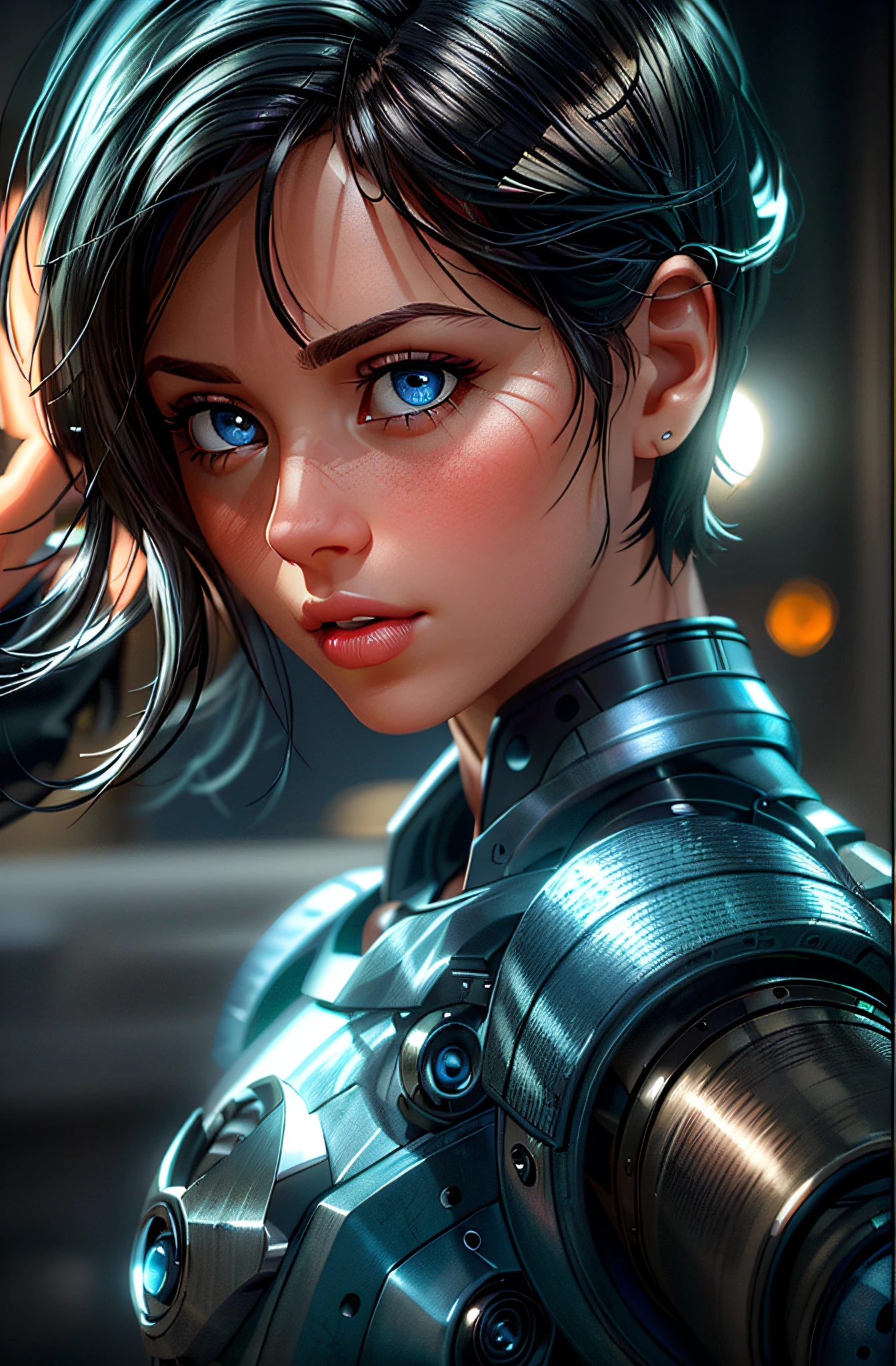 masterpiece, (photorealistic:1.5), realistic, best quality, beautiful lighting, professional lighting, 1girl, black hair, blurry, blue eyes, looking at viewer, solo, parted lips, realistic, short hair, blurry background, lips, depth of field, portrait, film grain, mechanical part, metal arm, metal nose, metal lips