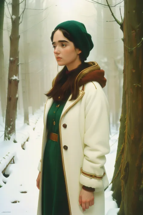 1997, berkshire county, massachusetts. pre-raphaelite ((((45-year-old)) jennifer connelly)), winter, snow, (narrow path) in the ...