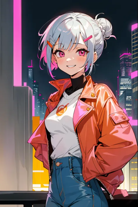 1girll、独奏、colourfull、upper body bromide、Short hair with silver bob styled in a bun with hair clip, Pink eyes、small tits、orange l...