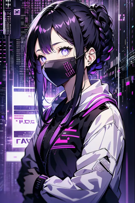 very young girl, black mask, white skin, code on computer, hacker style, dynamicposes、love purple, dark, hair braid around ears,...