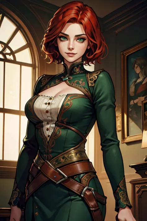 Jane, solo,short hair,red hair,green eyes, standing, smile, from below, (insanely detailed, beautiful detailed face, masterpiece...