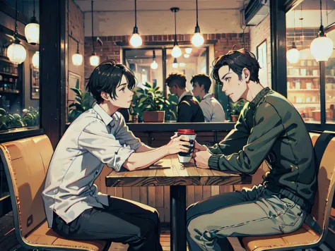male and male couple, looking at other,sitting, black hair, at coffee shop,bokeh, scenery