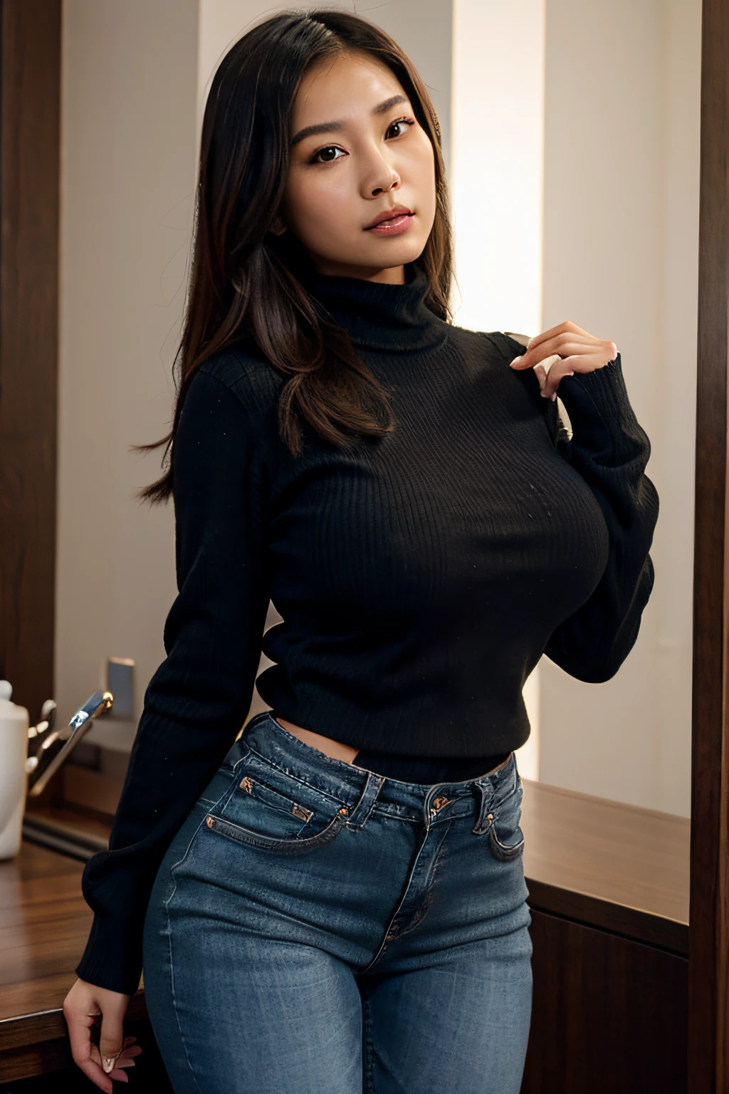 Araffed asian woman in a black turtleneck top and jeans - SeaArt AI