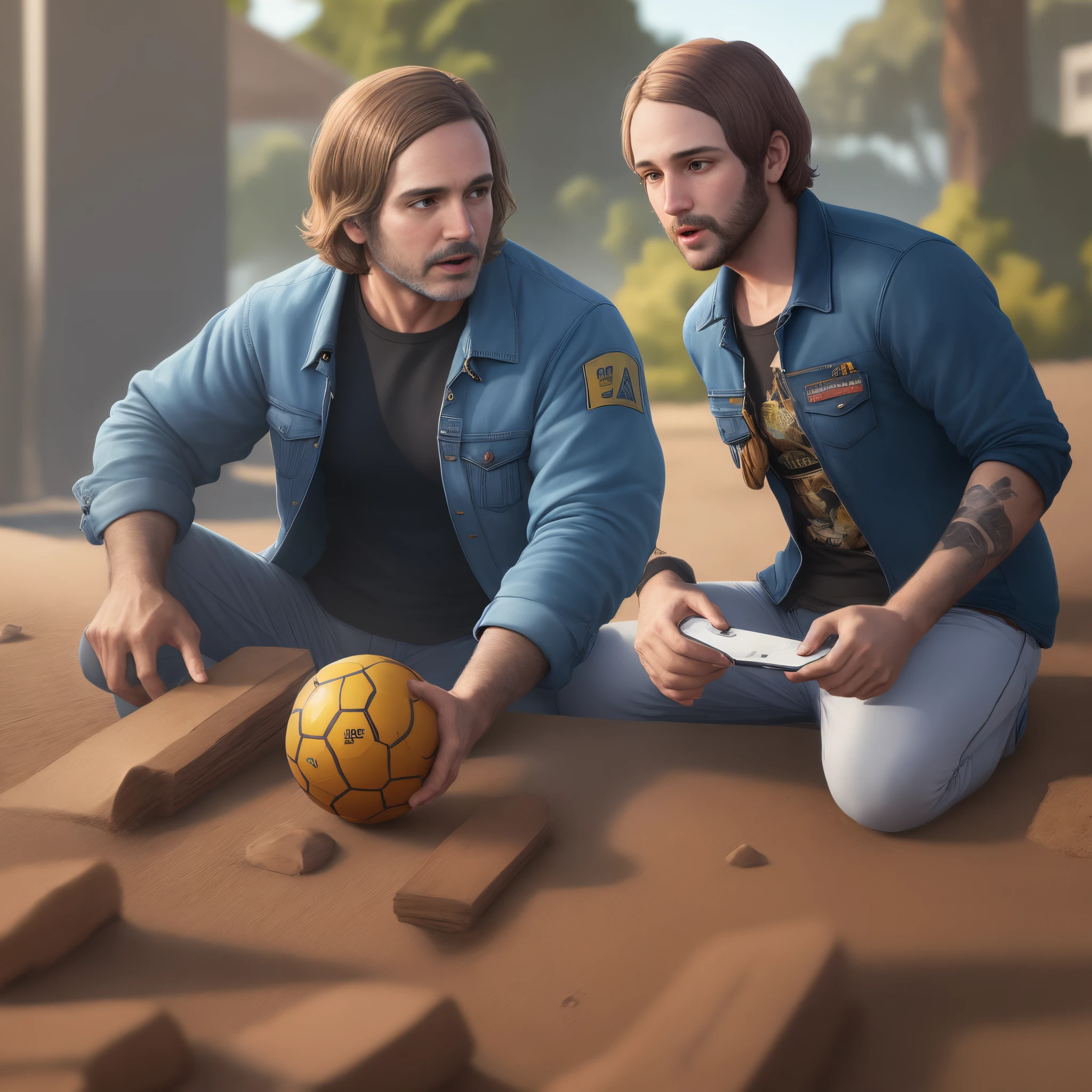 Two men sitting on the ground with a soccer ball and a soccer ball - SeaArt  AI