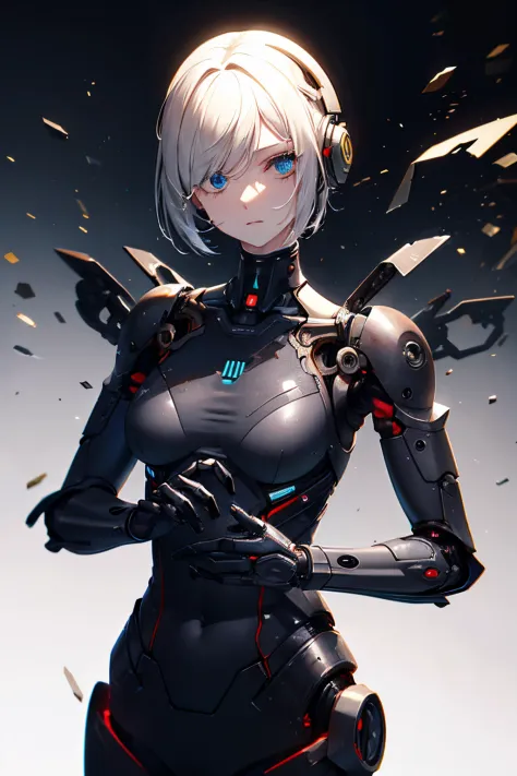 Mechanical female, android, heavily damaged, missing limbs, dead eyes