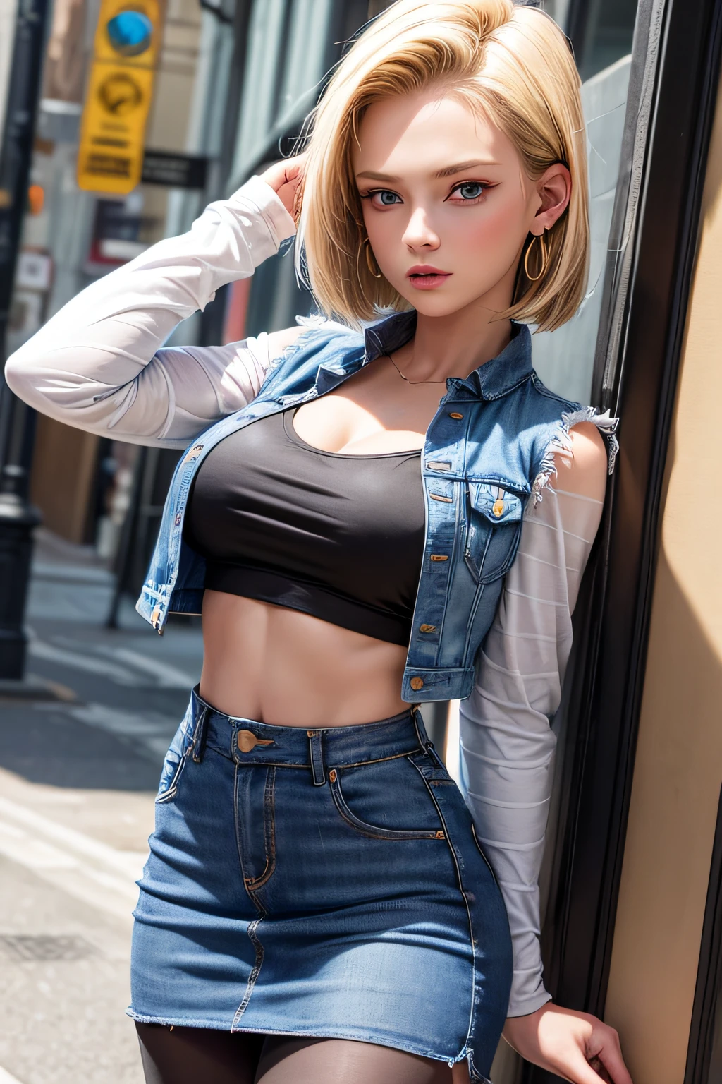 Best Quality, hight resolution, and18, 1girl in, Android 18, Solo, Blonde hair, Blue eyes, Short hair, earrings, Jewelry, Denim Vest, open vest, Black pantyhose, Black shirt, jean skirt, Striped long sleeves, Blue skirt, medium breasts, Cowboy Shot, Street, (Externally expanded Chest: 1.2)