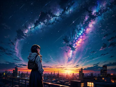 anime girl standing on rooftop looking at night sky with stars and rainbow, rainbow starry night, anime wallpaper 4k, anime wall...