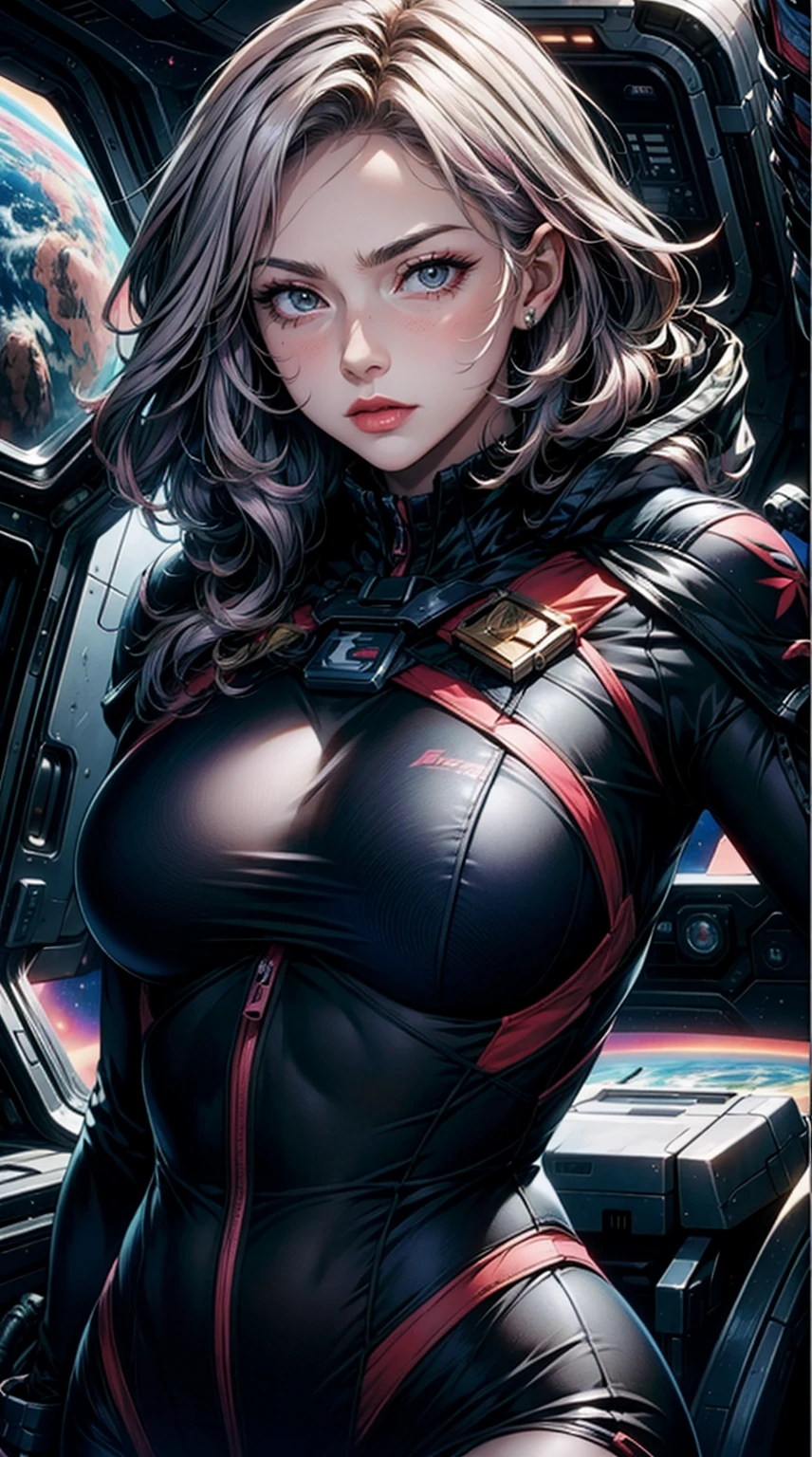 (masterpiece), 1girl, solo, best quality, expressive eyes, perfect face, upper body, beautiful face, mature woman, focused, beautiful eyes,  grey eyes, long hair, purple hair, tanned skin colour, spaceship, bodysuit, sci-fi, space, stars, front view, close up, pink lipstick, crystal necklace, pink blush, facing viewer, grown up woman , mature face