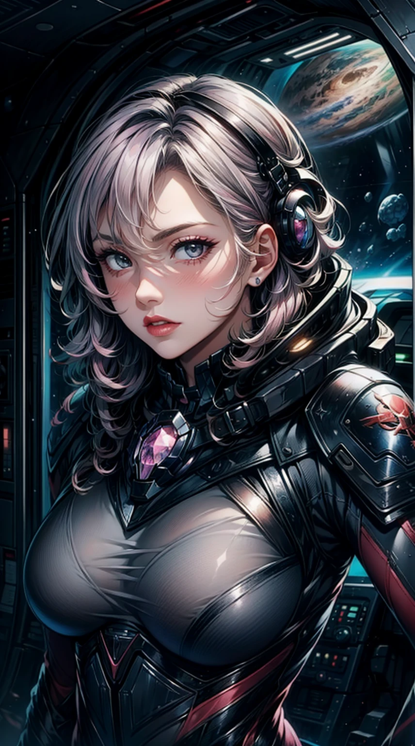 (masterpiece), 1girl, solo, best quality, expressive eyes, perfect face, upper body, beautiful face, mature woman, focused, beautiful eyes,  grey eyes, long hair, purple hair, tanned skin colour, spaceship, bodysuit, sci-fi, space, stars, front view, close up, pink lipstick, crystal necklace, pink blush, facing viewer, grown up woman , mature face