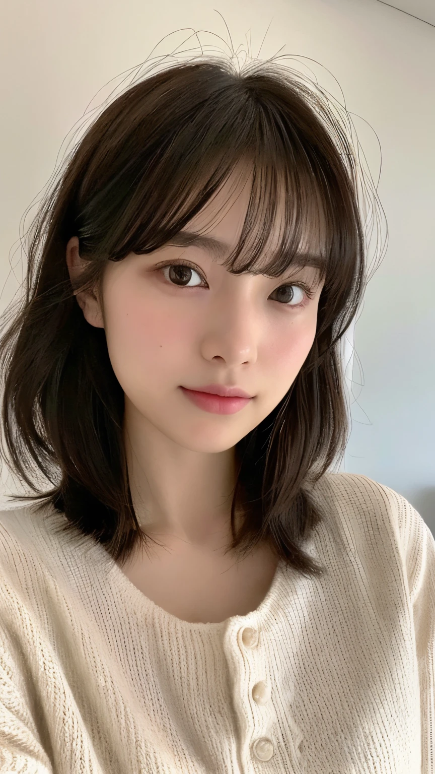 (top-quality、16K resolution)1 girl、solo、natural soft light、、A Japanese Lady、Looking at the camera、White long-sleeved knit、(Beauty Salon Background)、Facing the front、is standing、bobhair、Woman in her late teens、Light bangs、short-hair、Salon model、Natural look、portlate、floated hair、Rolled hair