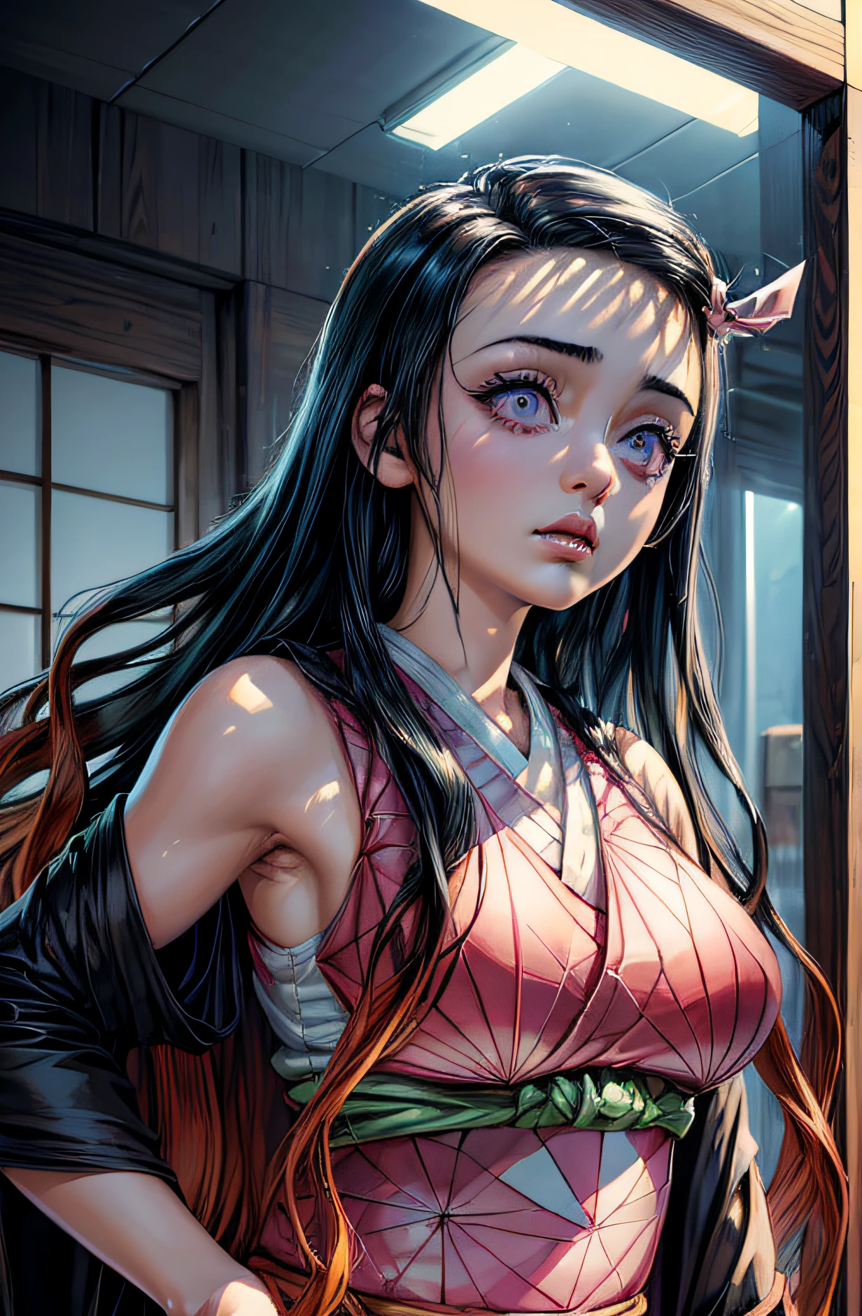 (Ultra Real), (Illustration), (High Resolution), (8K), (Very Detailed), (Best Illustration), (Beautiful Detailed Eyes), (Best Quality), (Ultra Detailed), (Masterpiece), (Wallpaper), (Detailed Face), Night Up Upper Body,Armpits, Ice Cream,Long Hair,Solo,Simple Kimono Top Girl, Sweaty, Japan Person, Big Tits, (Camel Toe) Nezuko Kamado,