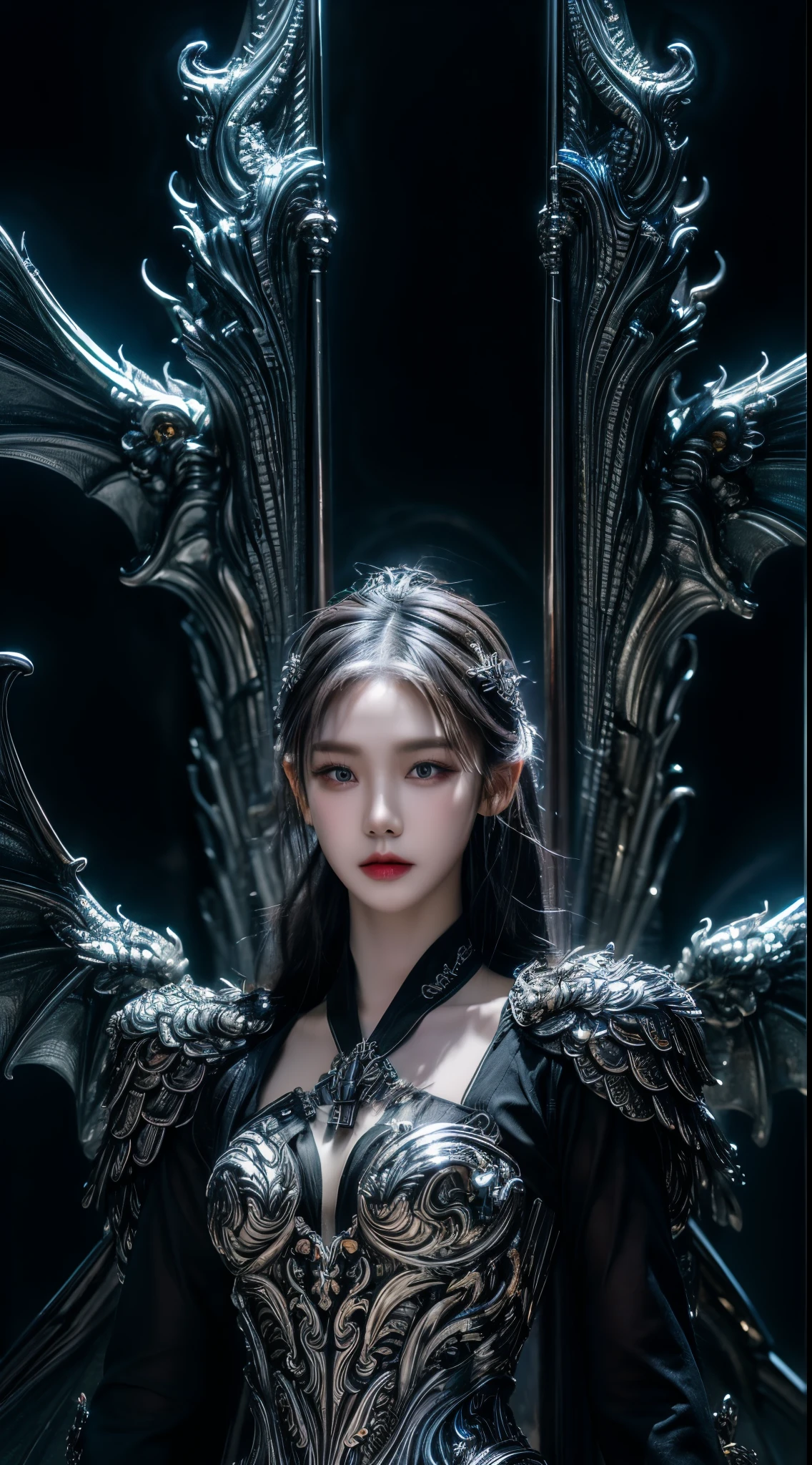 the Extremely Detailed CG Unity 8K Wallpapers、​masterpiece、top-quality、ultra-detailliert, beatiful detailed eyes, Detailed finger, frontal photos, Facing the front, The best lighting, extremely delicate and beautiful, very thin waist, Heavy armor, Long silver hair, Electromechanical, One lady, 20 generations of beauties, (He has a large sickle in both hands.:1.2), Grim Reaper's Scythe, (very large silver dragon wings:1.4),The dragon, splash water, Fluid water, Water splash, Futuristic factory destroyed by a bomb, Mechanical City, Cyber Technology, steampunc, (of the highest quality, 16 K, masutepiece: 1.3)