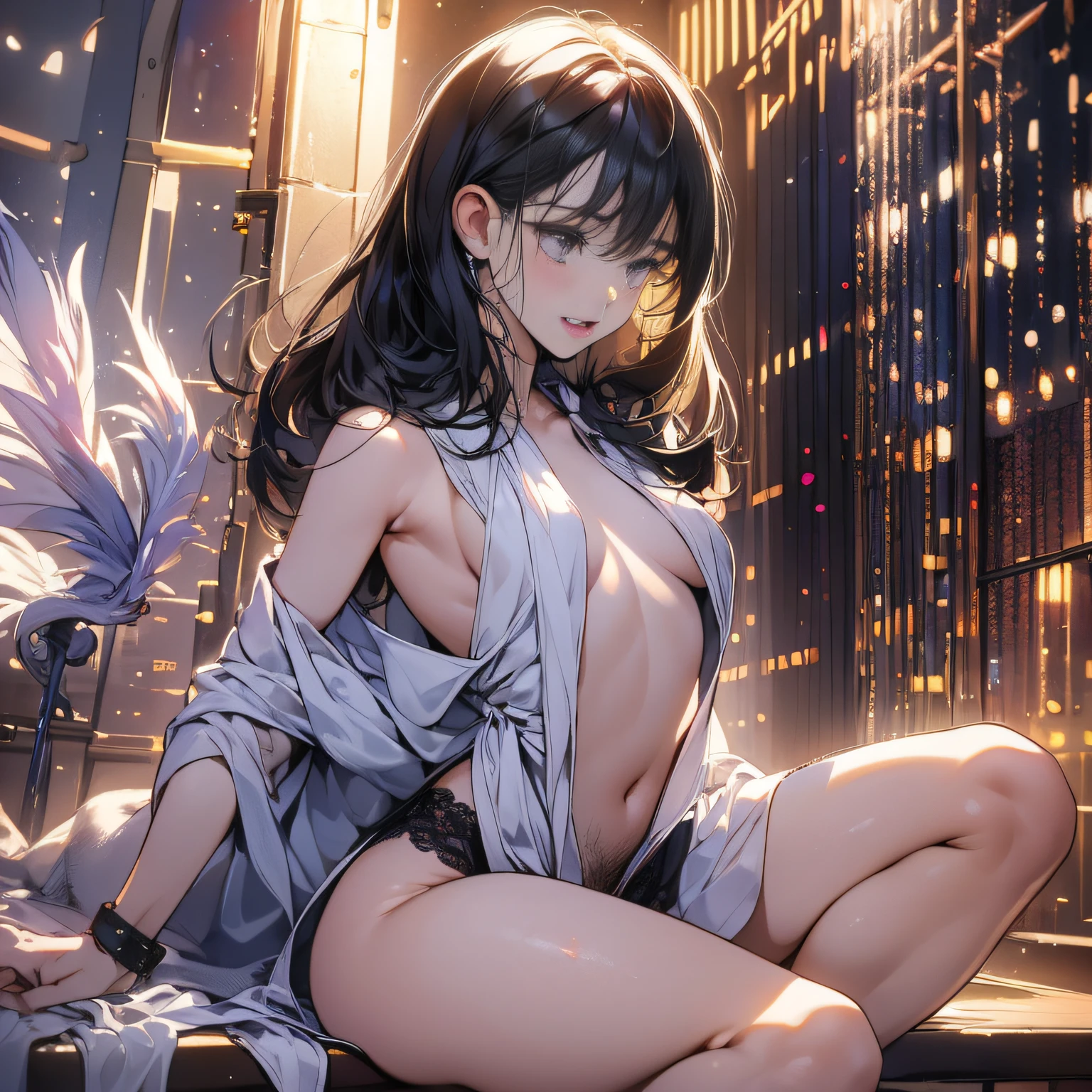 Anime girl with wings sitting on a ledge in a city SeaArt AI