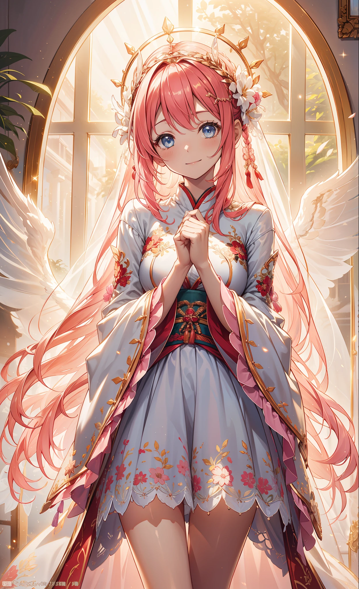 (Best quality at best, A high resolution, ctextured skin, high high quality, high detal,Extremely detailed CG unification),Teenage girl，obsessed，Divine happiness，In love，having fun，(Tiansheng Mixed Pack)，with pink hair，eBlue eyes，(Fabric headdress)，Maximalism，Multiple layers of delicate ruffles，Lots of lace，Multi-colored cloth，delicate embroidery，delicate patterns，Fabric headdress，dress nicely，sheer transparent clothes，Bedrooms，natta，Sparkling，(Show off pussy:1.2)，电影灯光，natta，the only person，Fluttering skirts，