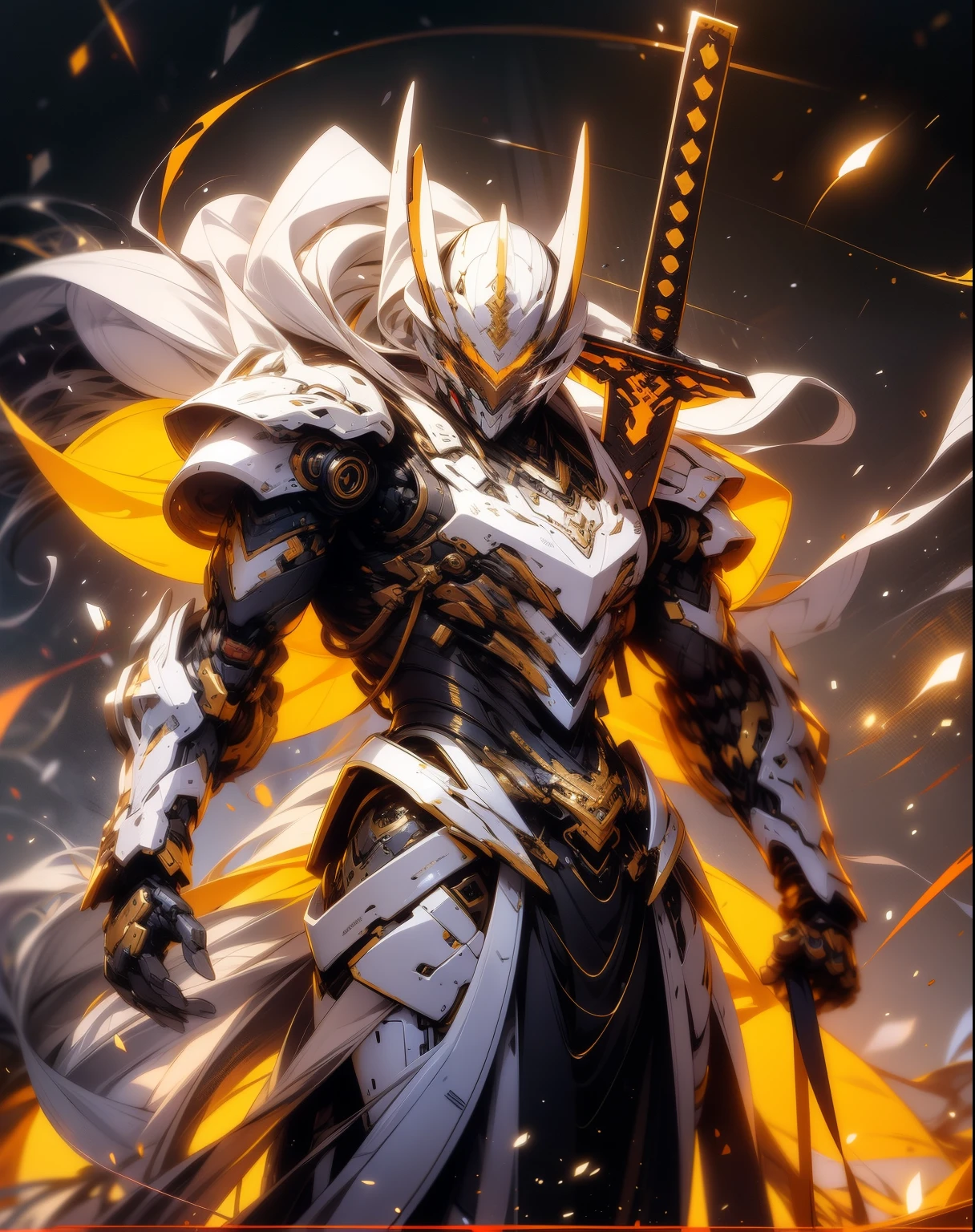 super wide shot, Full body frontal photo,Mecha male warrior， Jade Emperor style,《The mech colors are gold and silver-white》，（《Holding the Xuanyuan sword》，The sword is full of futuristic technology，），（Full body mecha）, Keqing from Genshin Impact, (Masterpiece) ， The best quality， High quality，Gold armor，light， （Exquisite future）， Beautiful and beautiful， Ultra detailed， great composition， Floating， Depth of field， （Very detailed CG，Unity 8k Wallpaper）， （Beautiful detail background）， dramatic lights， GOGETTA， Mecha，best qualtiy，Ultra-high resolution，