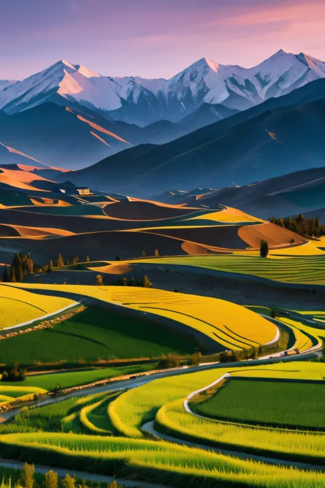 Snowy mountains and grasslands in Xinjiang，Below is the terraced rice field in Sichuan，A beautiful combination of two beautiful ...