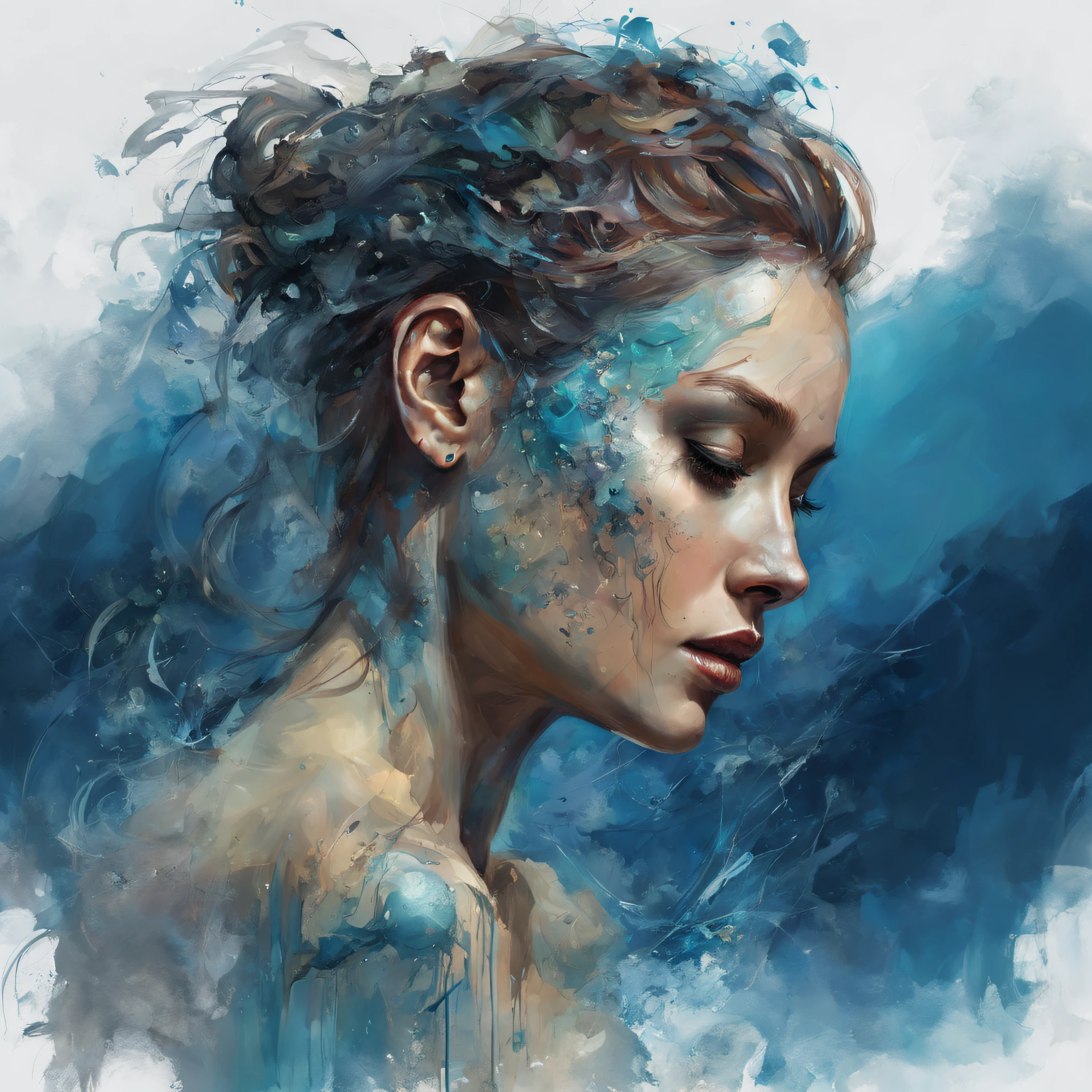 professional portrait of a Beautiful woman android model race tatooed typ, the head with 3d bony growths under the skin on the head normal face full body side view ocean blue the male is natural colored, abstract beauty, approaching perfection, delicate face, dynamic, moonlight, highly detailed, digital painting, artstation, conce art by Carne Griffiths and Wadim Kashin, cinematic realistic style detalied, 8k.