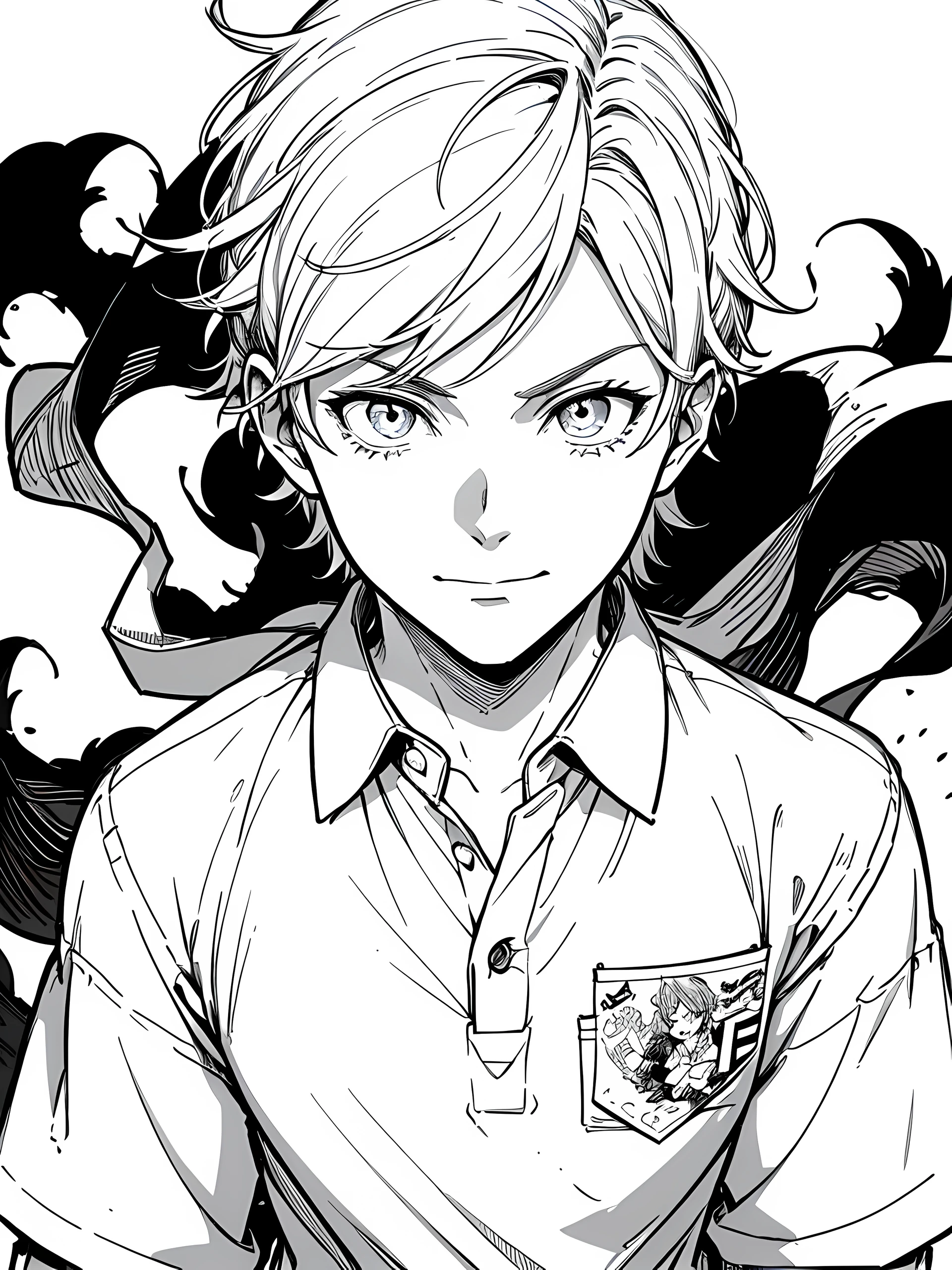 man, male, age 18, solo, face captured, close up, looking at the camera, body towards camera, facing camera, serious eyes, calming face, slightly smile mouth, speaking mouth, wearing polo, wearing ID sling, wearing lanyard, ID holder, lineart, manga, manga art, comic, black and white art, monochrome, room background, clear background, white background
