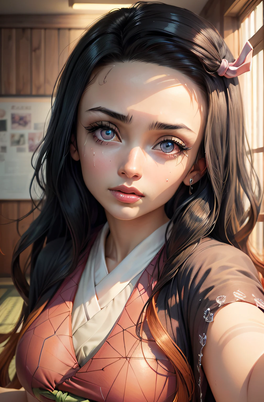 (Ultra Real), (Illustration), (High Resolution), (8K), (Very Detailed), (Best Illustration), (Beautiful Detailed Eyes), (Best Quality), (Ultra Detailed), (Masterpiece), (Wallpaper), (Detailed Face), Night Up Upper Body, Ice Cream,Long Hair,Solo,Simple Kimono Top Girl, Sweaty, Japan Person, Big Tits, (Camel Toe) Nezuko Kamado,