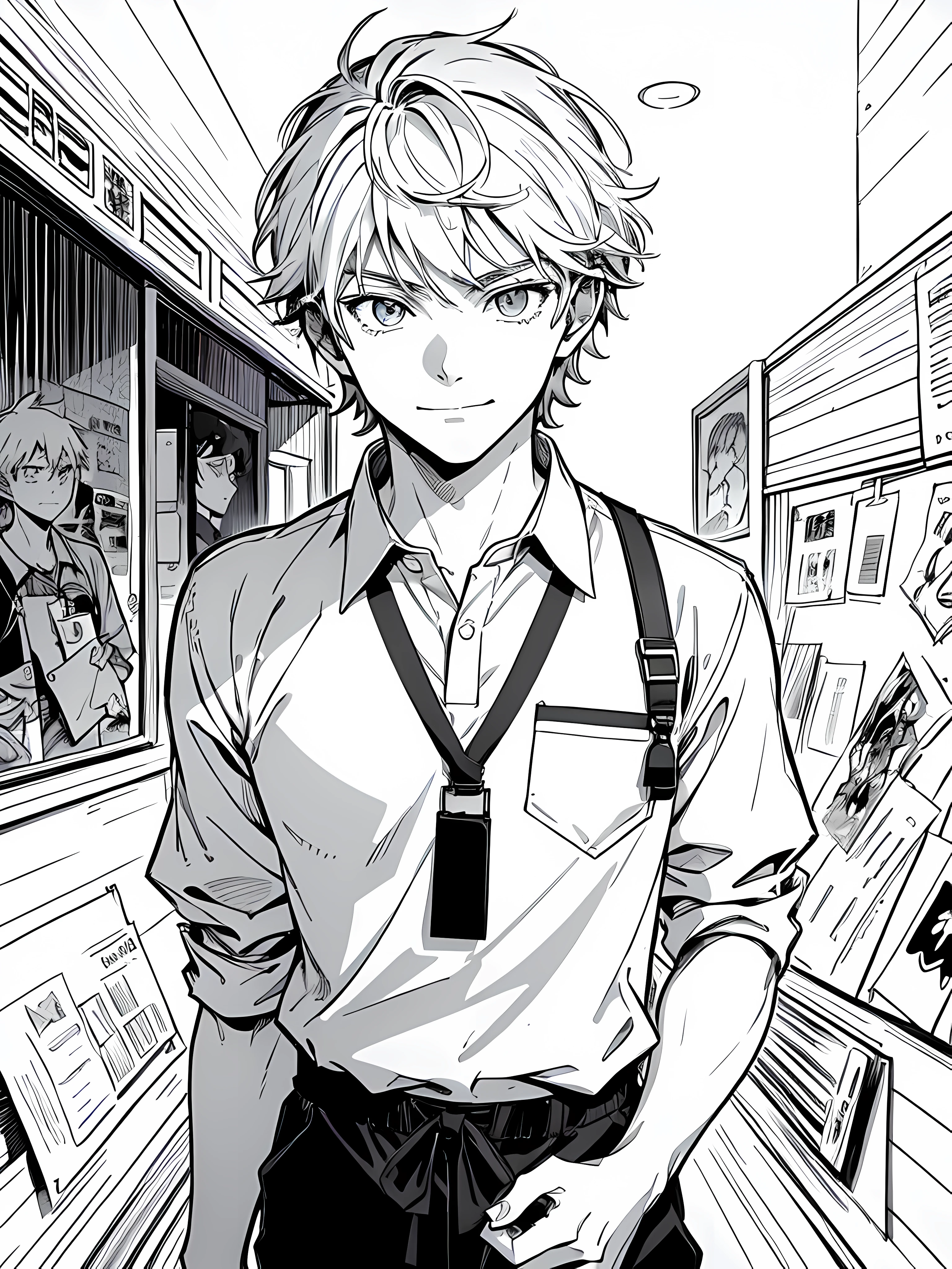 man, male, age 18, solo, face, very close up, looking at the camera, body towards camera, facing camera, serious eyes, calming face, slightly smile mouth, speaking mouth, wearing polo, wearing ID sling, wearing lanyard, ID holder, lineart, manga, manga art, comic, black and white art, monochrome, room background, clear background, white background
