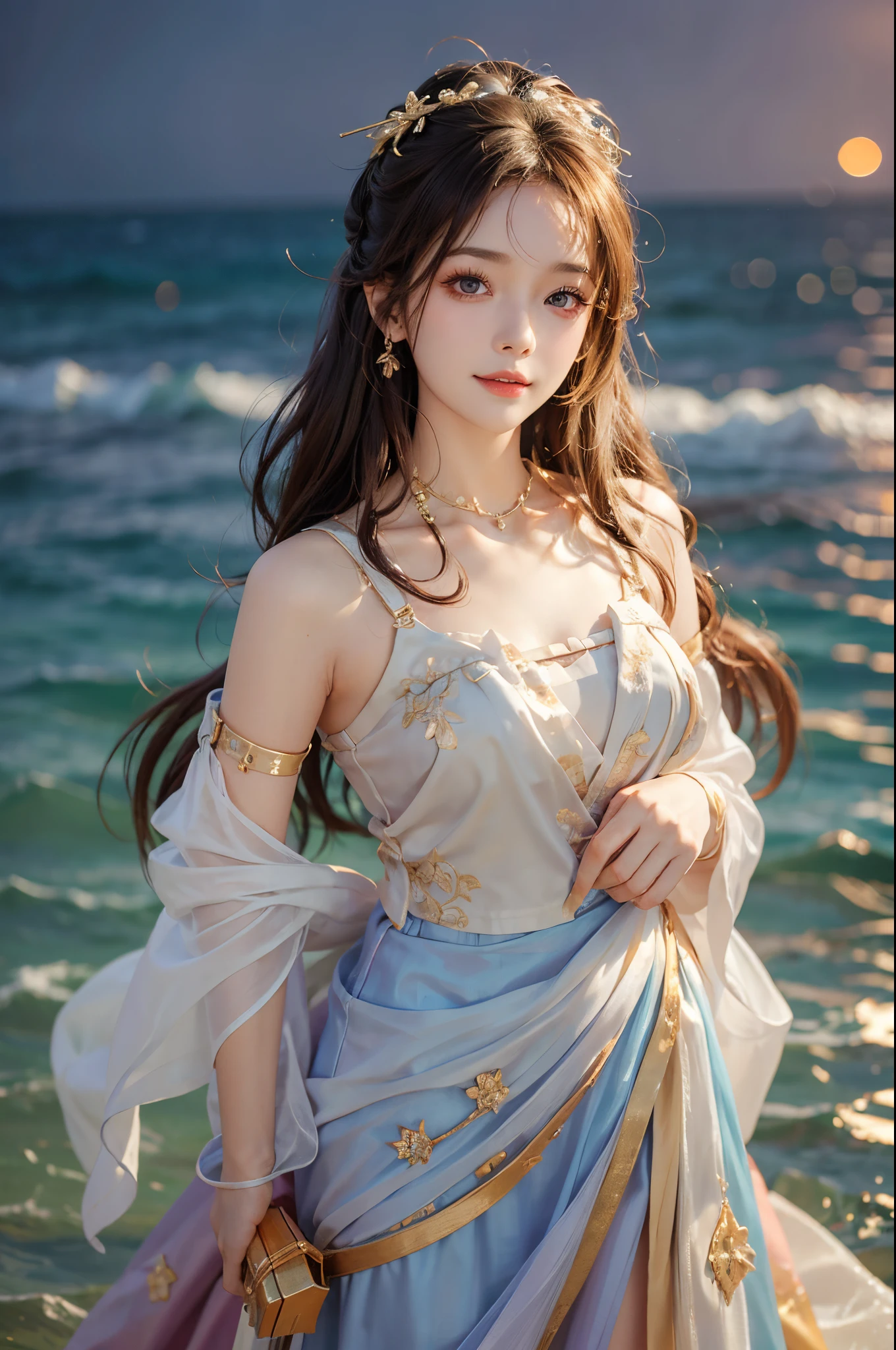 ((realistic)), a young girl, beautiful teenage girl, Beauty in period costume, Hanfu, draped in silk, Floral, high-waist, Nice belt, cropped shoulders, slim, Slimming the waist, high-heels, Shy, grin, 耳Nipple Ring、choker necklace、Hairpins，Heavy makeup，Gorgeous eye makeup，extremely beautiful eyes, golden hair, curlies, Long flowing hair, early evening, eventide, beachside, On the beach, walking in sea water, Flirting skirts, Ruffle your hair, posed for photo, posing elegantly, Random shooting angle, warm lights, a warm color palette, Professional lighting, フォトンマッピング, ラジオシティ, Physically-based rendering, RAW photos, Best quality, beauitful face,  Beautiful skins， Attractive， 超高分辨率， ultra real photo