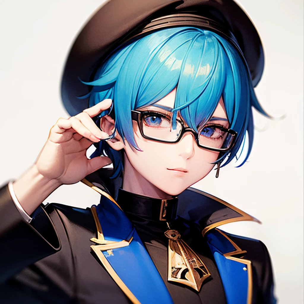 (melhor qualidade, mesa:1.2),1 menino,Jovem anime com cabelo azul e óculos em uma jaqueta preta, modelo de youtuber virtual live2d, estilo anime 2d, estilo de arte anime moe, Ferramenta de pintura Sai!! azul, anime estilizado, anime estilizado, 2 D Anime, olhos verdes brilhantes,boina