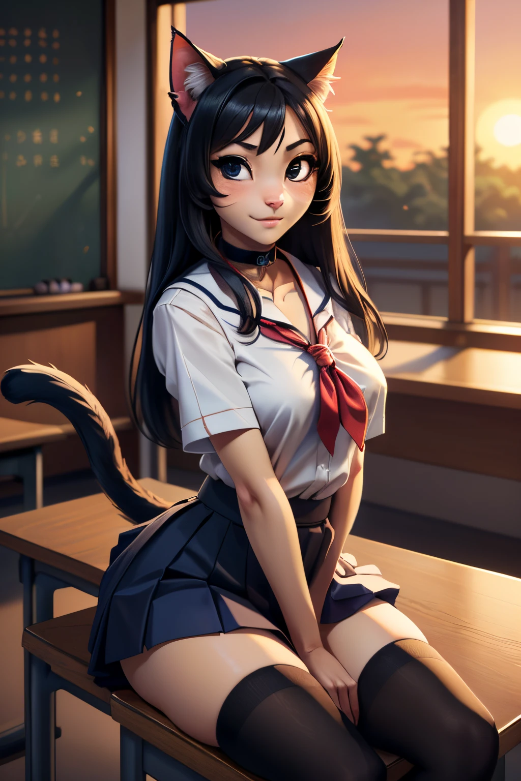 ((ultra quality)), ((tmasterpiece)), Girl-khajiit, Japanese school girl, anthro cat, furry, ((Black long hair)), ((there are only cat ears)), ((There is a cat's long tail in the back)), Beautiful cute face, beautiful female lips, charming beauty, ((Kind expression on his face)), looks at the camera with his eyes slightly closed, ((Skin color: white)), ((there is cat hair on the body)), Body glare, ((detailed beautiful female eyes)), ((kblack eyes)), beautiful female hands, ((perfect female figure)), ideal female body shapes, Beautiful waist, big thighs, Beautiful butt, ((Subtle and beautiful)), seductively leaning against the school desk ((closeup face)), ((Dressed in Japanese , dark blue skirt, dark blue knee socks, brown shoes, black choker around the neck), background: The Japanese School, Japanese School Class, beautiful sunset outside, ((Depth of field)), ((high quality clear image)), ((crisp details)), ((higly detailed)), Realistic, Professional Photo Session, ((Clear Focus)), ((cartoon)), the anime, NSFW