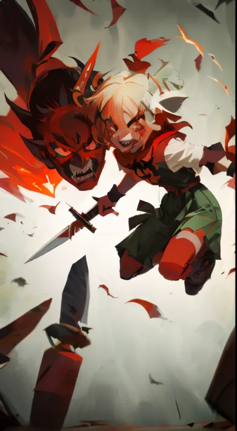 13-year-old girl, Wearing a devil&#39;s mask, Sprint forward and slash, anime figure，With faces of demons and demons，Fly in the air, demon slayer artstyle, in a dark room