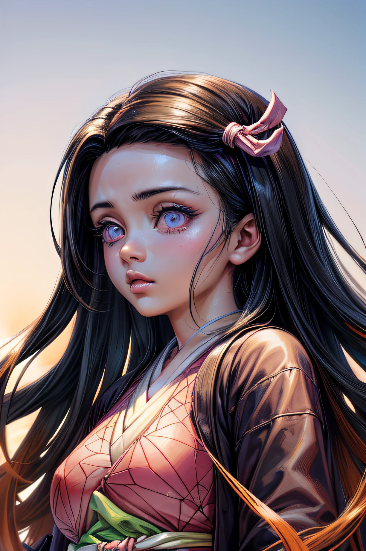 (Ultra Real), (Illustration), (High Resolution), (8K), (Very Detailed), (Best Illustration), (Beautiful Detailed Eyes), (Best Quality), (Ultra Detailed), (Masterpiece), (Wallpaper), (Detailed Face), Night Up Upper Body, Ice Cream,Long Hair,Solo,Simple Kimono Top Girl, Sweaty, Japan Person, Big , (Camel Toe) Nezuko Kamado,