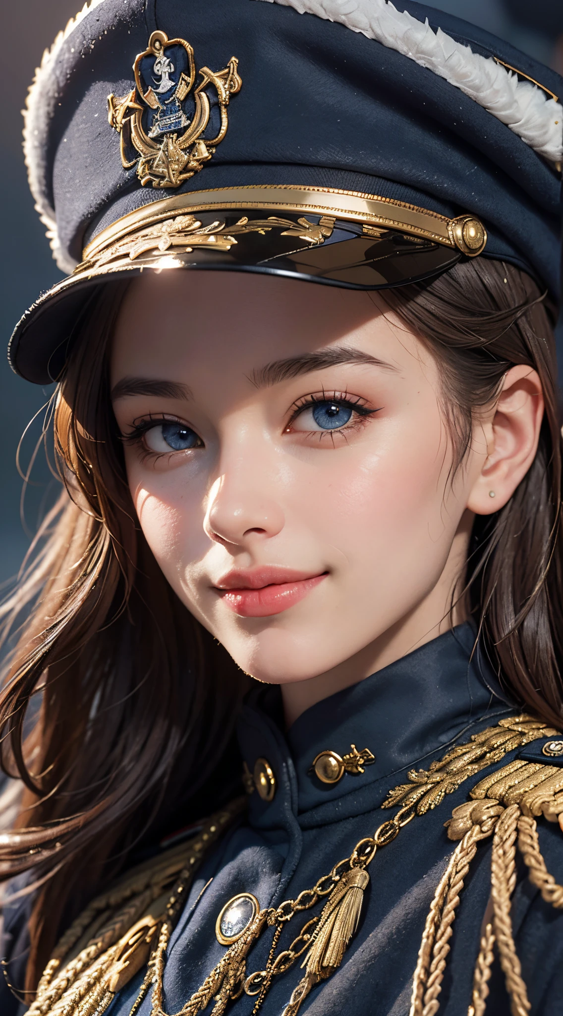 (best quality, 4k, 8k, high-res, masterpiece:1.2), ultra-detailed, (realistic, photorealistic, photo-realistic:1.37), (beautiful detailed eyes, beautiful detailed lips, extremely detailed eyes and face), studio lighting, physically-based rendering, vivid colors, (naval uniform coat, hat, rank insignia:1.5), (portrait, smile and laugh, shiny hair, shiny skin), (blurred background:1.37),