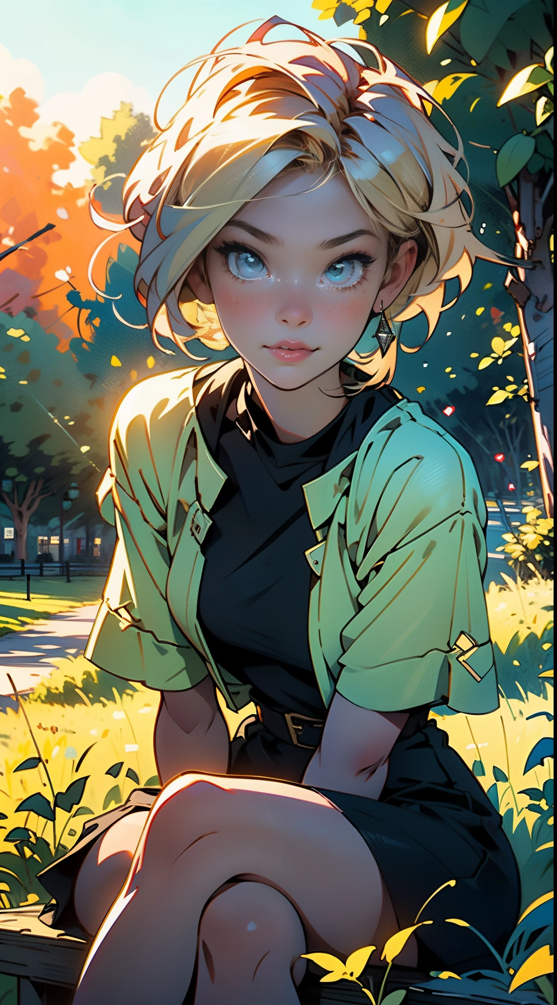 4K, high resolution, Best quality, Masterpiece, perfect, really warm colors, perfectly shaded, Perfect lighting, posted on e621, masterpiece, digital paint, (close up, Cute girl, 20 years old, blond short hair), sitting in the grass in a hide park in London. 1990s \(style\),