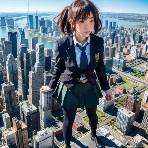 Anime girl standing on a ledge in front of the city, giantess art, a hyperrealistic schoolgirl, , highly detailed giantess shot,...